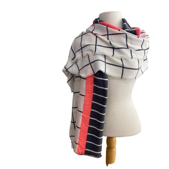 J.Crew Womens Grid & Stripe Ruana Scarf wrap With Coral Accent Polyester/Viscose - Picture 2 of 7